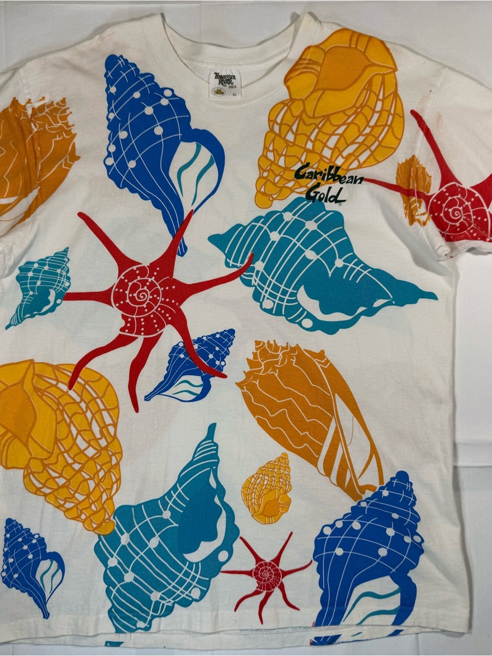 Caribbean Gold Tee Shirt with Multicolor Seashell Graphics